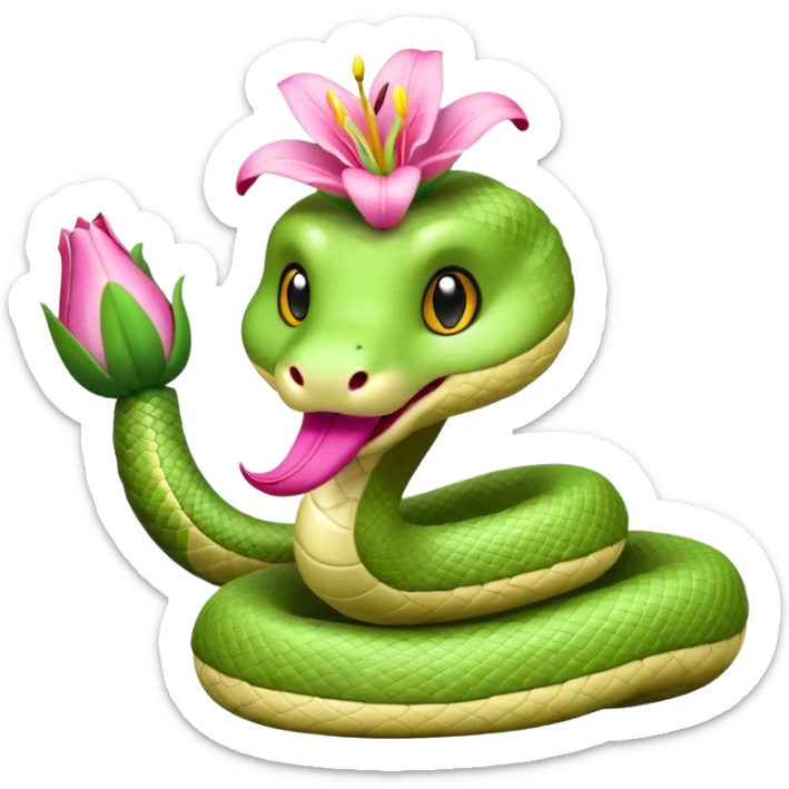 A cute, kind, furry snake doll
with a light green and white body
with a pink lily flower on its head
(no stinger in its mouth) sticker