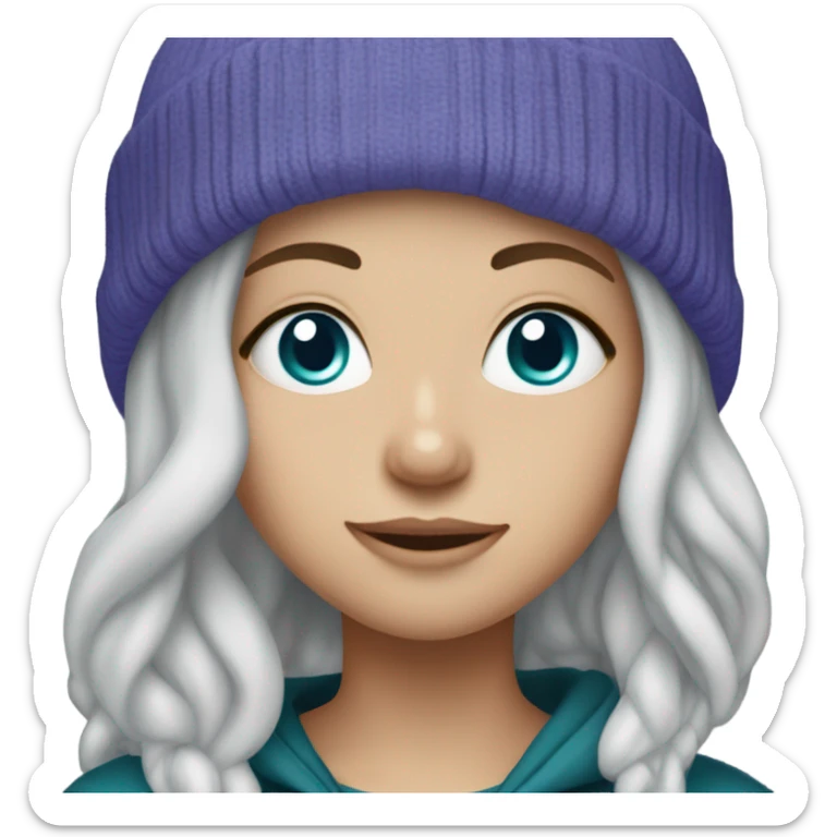 White girl, blue eyes, long teal hair, purple beanie hat, black hoodie, blue jeans, black shoes sticker
