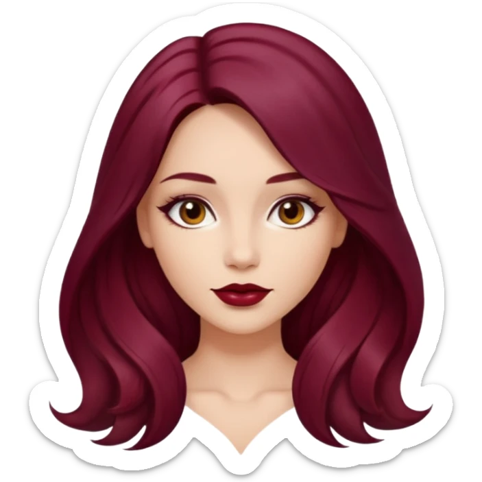 Draw a young glamorous woman with LONG dark burgandy cherry hair in a MIDDLE PART styled slightly wavy sticker