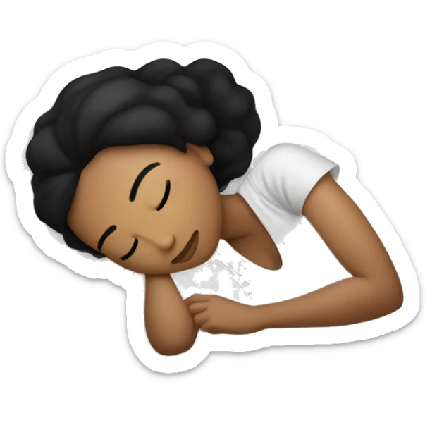 Sleeping woman laying with light brown skin and black hair laying on white pillow in large bed with black covers cozy sticker