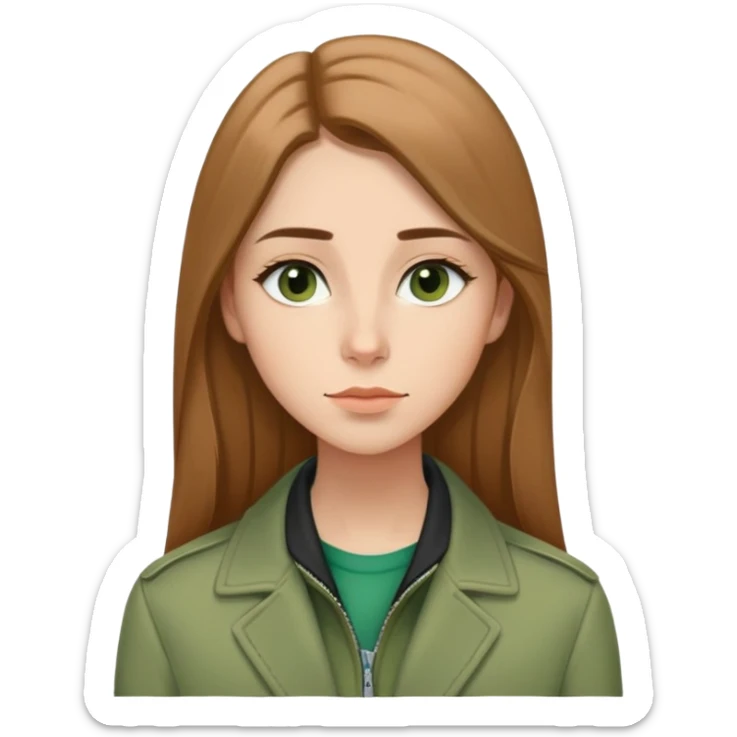 Caucasian girl with elongated face, soft jawline, long straight light brown hair with middle part, almond-shaped brown eyes with black eyeliner, thoughtful expression with slight smile, wearing green jacket sticker