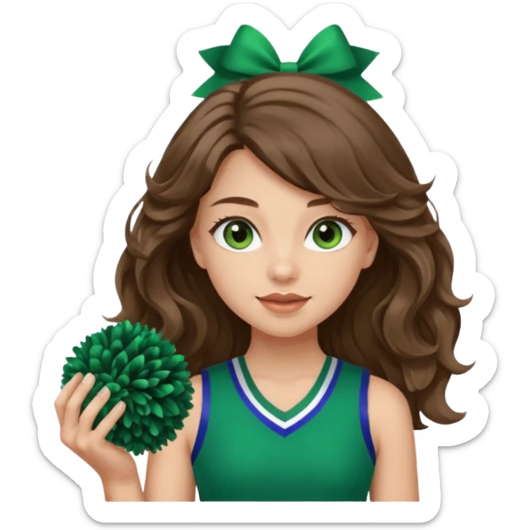 A pretty girl, her eyes is blue, her hair is brown long wavy hair, and wear green Hawkins cheerleader no sleeve uniform and hold pompom sticker