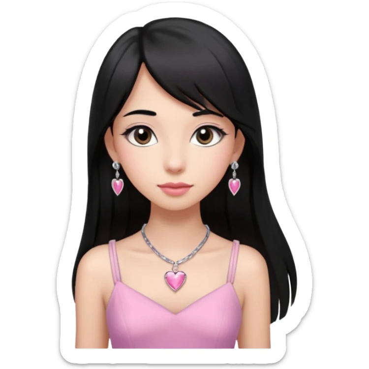 Cabelos pretos longos lisos ,com franja curvada .olhos pretos puxadinho para cima. Cílios longos curvados. Pele clara ,nariz pequeno ,lábios carnudos ,adolescente 16 anos ,vestido rosa de alça, colar de coração prata ,brinco de diamante sticker