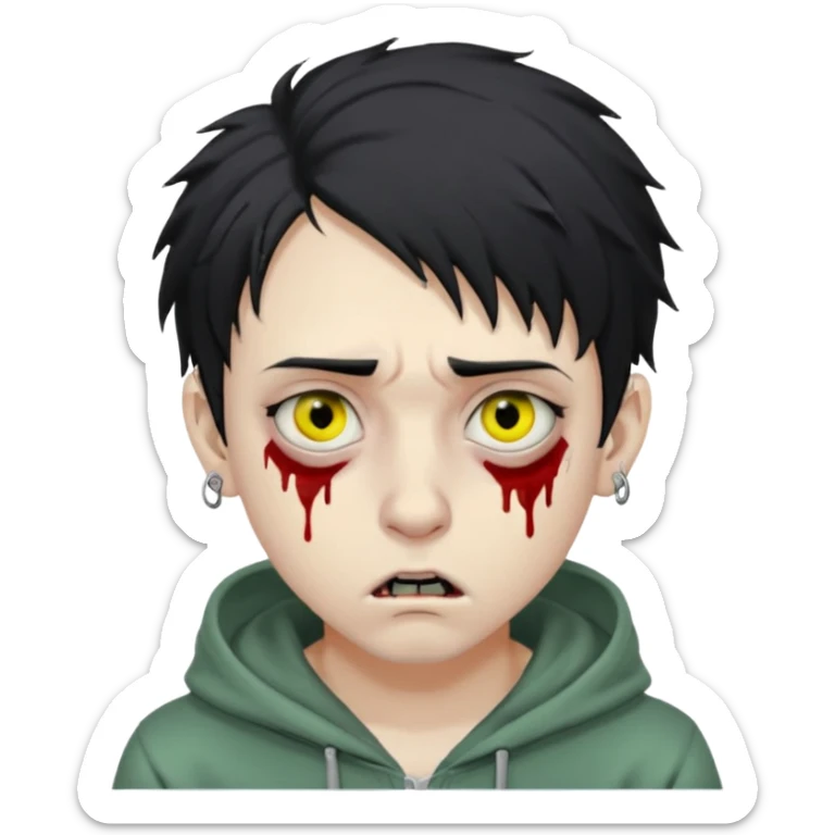 zombie emoji in WhatsApp style, young man, pale green skin, large yellowish eyes, dark circles, black messy hair, blood tears, silver eyebrow piercing, nose ring, hoodie, realistic, sharp facial features, slightly scared, creepy look sticker