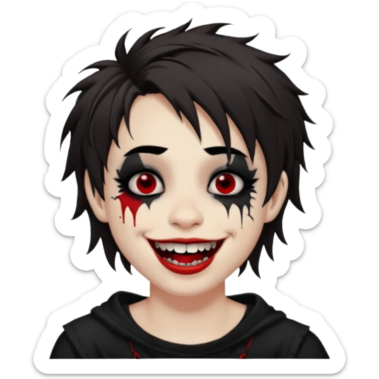 Laughing pale Goth boy with a bunch of face piercings, with shaggy dark brown hair, and messy black eyeliner , smudged, red, lipstick  sticker