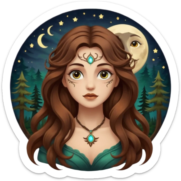 forest mystic woman long wavy brown hair tattoos half-lidded eyes moon glow sticker