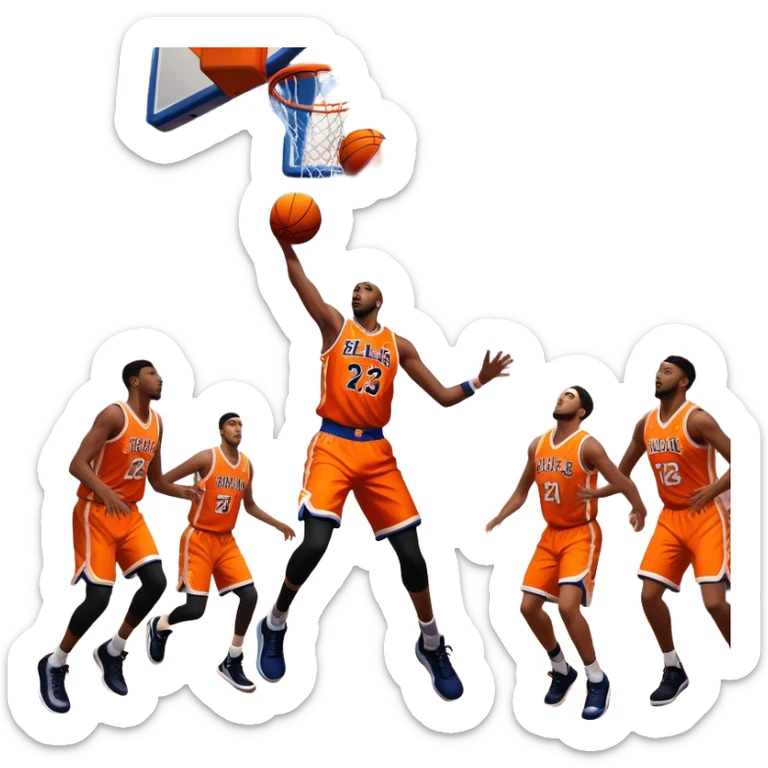 An icon showing a basketball court with players in action, inspired by NBA 2K25. A player jumps for a dunk, the ball mid-air, surrounded by a vibrant basketball arena with cheering fans and bright lights. Transparent background emphasizes the intense atmosphere sticker