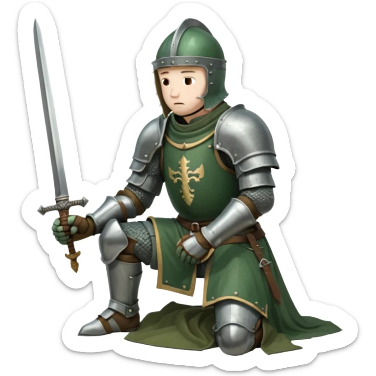 A lone medieval knight in a green worn armor kneels. His helmet is closed, hiding his face, conveying silence, exhaustion and contemplation. A long sword is planted in the ground beside him, its hilt resting near his gloved hands as if he is praying or resting after battle. sticker