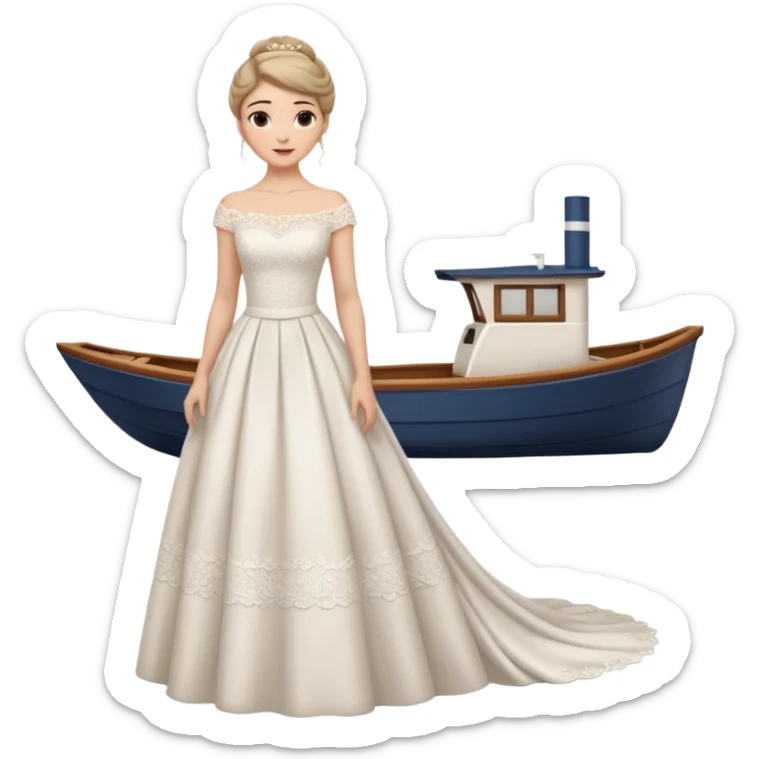 Chica blanca ,ojos marrones, vesti novia ajustado largo, escote barco cuerpo entero ,pelo muy largo y recogido sticker