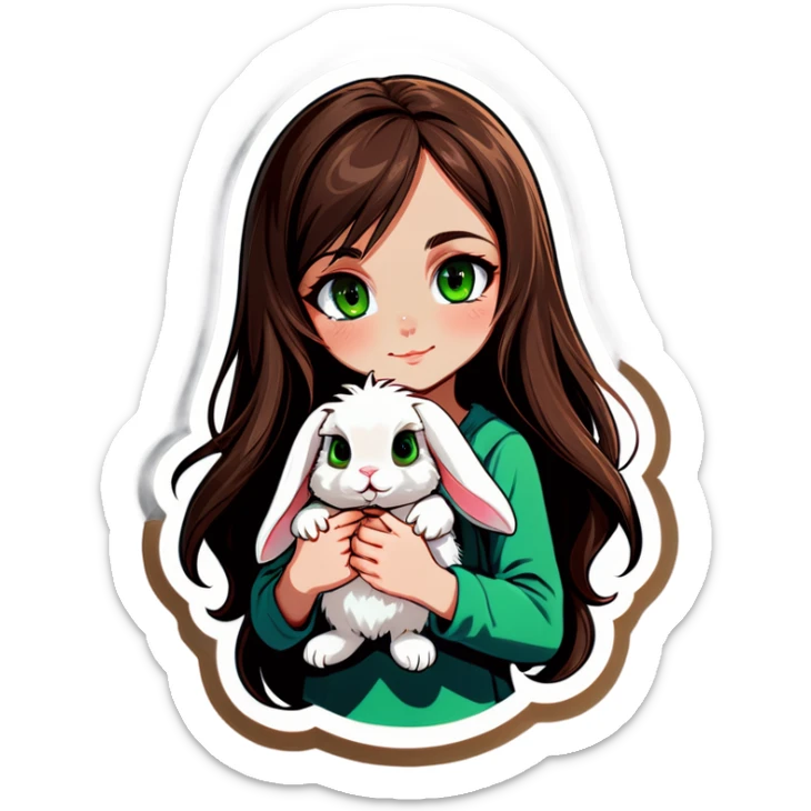 Long brown haired, green eyed girl holding a bunny. The bunny has floppy ears and has gray fur. sticker