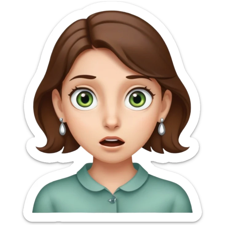 girl with gray-green eyes, brown hair, earrings, mole on cheek, surprised emotion sticker