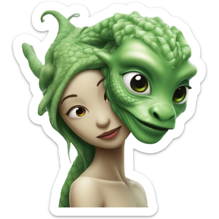 Photo realistic, alien female green, kissing and embracing china dragon sticker