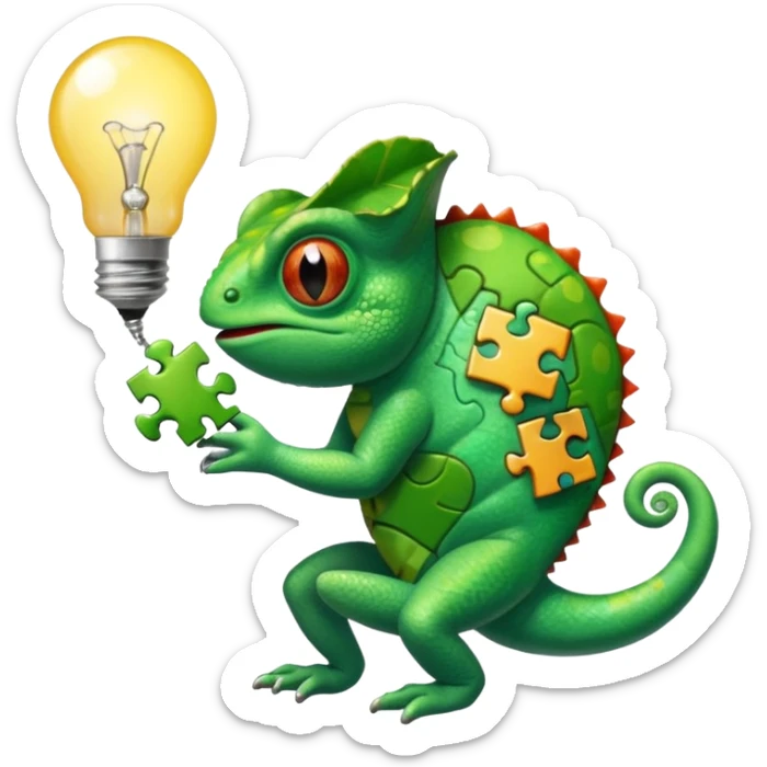 cameleon qui tien une piece de puzzle dans une main et une ampoule dans l'autre et un cerveau sur la langue sticker