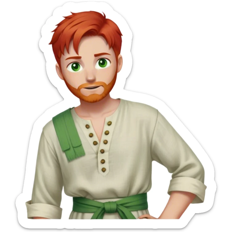 medieval spring outfit worn by a DnD themed fantasy male character. fine linen tunic with a buttoned neckline and a sash tied loosely at the waist. clothes only above the waist. The clothes full waist. The character's haven't arms. character is white-skinned, red hair, green eyes, short straight hair. sticker