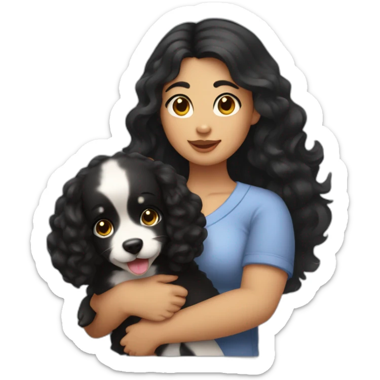 chubby fair girl with extra wavy black hairs holding dog in her arms sticker