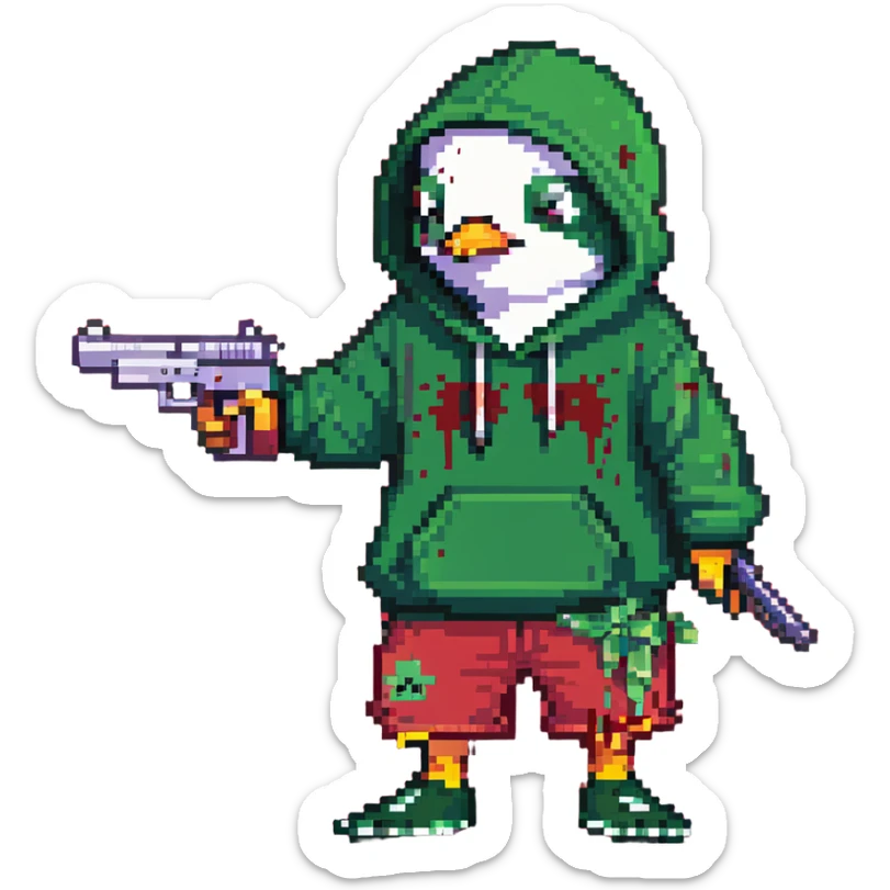 A cute half-dolphin half-penguin thug with a gun, green hoodie with blood stains, wearing Dollar General shorts sticker