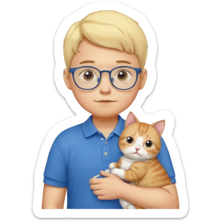 emoji ios, soft boy carrying a cat, light yellow skin, blue polo shirt, bespectacled, cute and a little plump, with slightly chubby cheeks. sticker