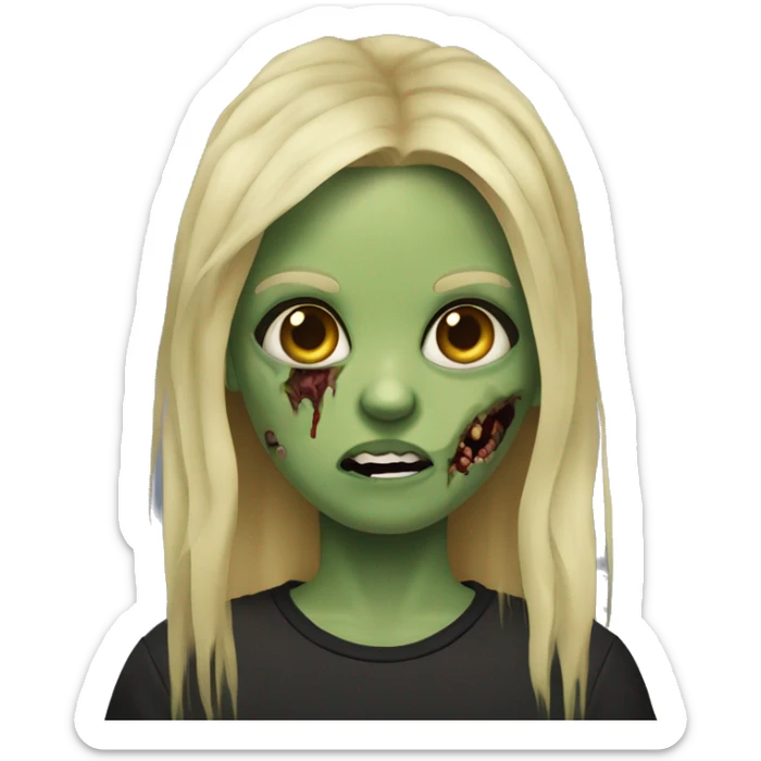 blonde-haired zombie, greenish skin, scars, brown eyes, black t-shirt sticker