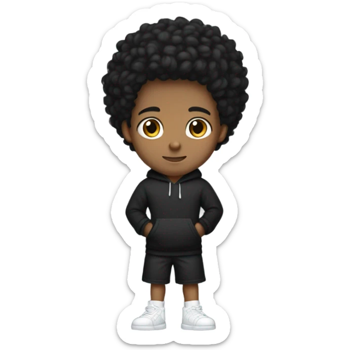 a young male with medium skin and curly black hair, wearing a black hoodie and matching shorts with white sneakers, sticker