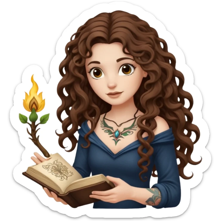 woman with long curly brown hair, brown eyes, white skin, tattoos, reading a spellbook that grows roots instead of pages sticker