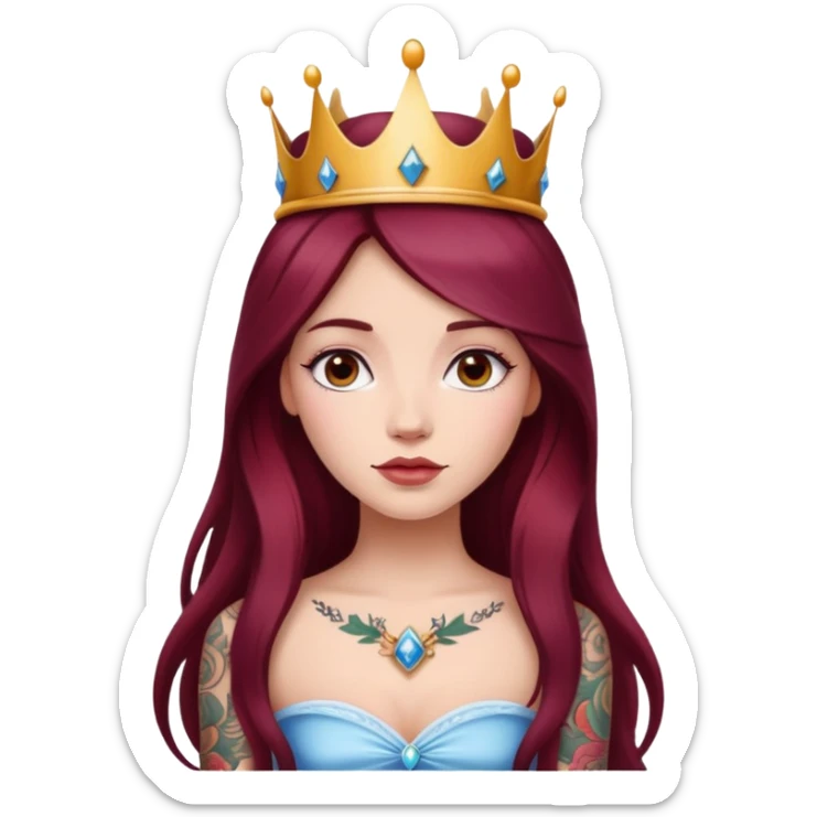 Beautiful tattooed long burgundy haired girl wearing a princess crown sticker