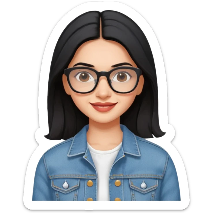 generate a pretty bratz emoji 
Make her wear a white dress with a denim jacket over it. black hair side part 

She should look exactly  like Deepika padukone. wearing rectangular spectacle, smiling sticker