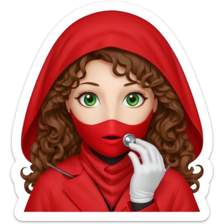 Lilith symbol sexy evil woman. She has green eyes.  had brown long curly hair.  evil surgeon kills with scalpel wears red sexy doctor coat with red mouth cover red gloves. Covers nose, neck  and mouth with Muslim red berka sticker
