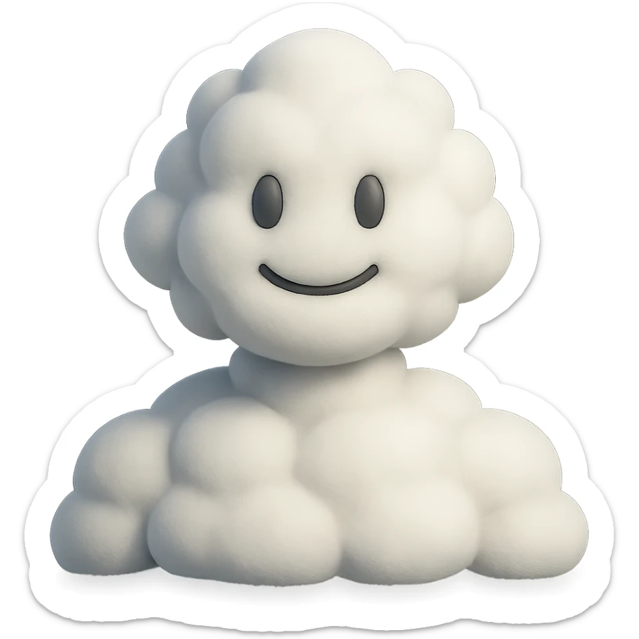 A person composed entirely of 3D emoji-style clouds, volumetric, white, soft clouds, shoulder-up view, front-facing, realistic lighting and shadows, in 3D emoji style sticker