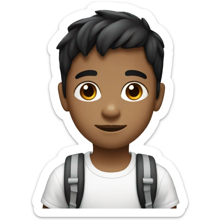 kindergarten brown boy with black hair and brown eyes with white t-shirt and blue backpack sticker