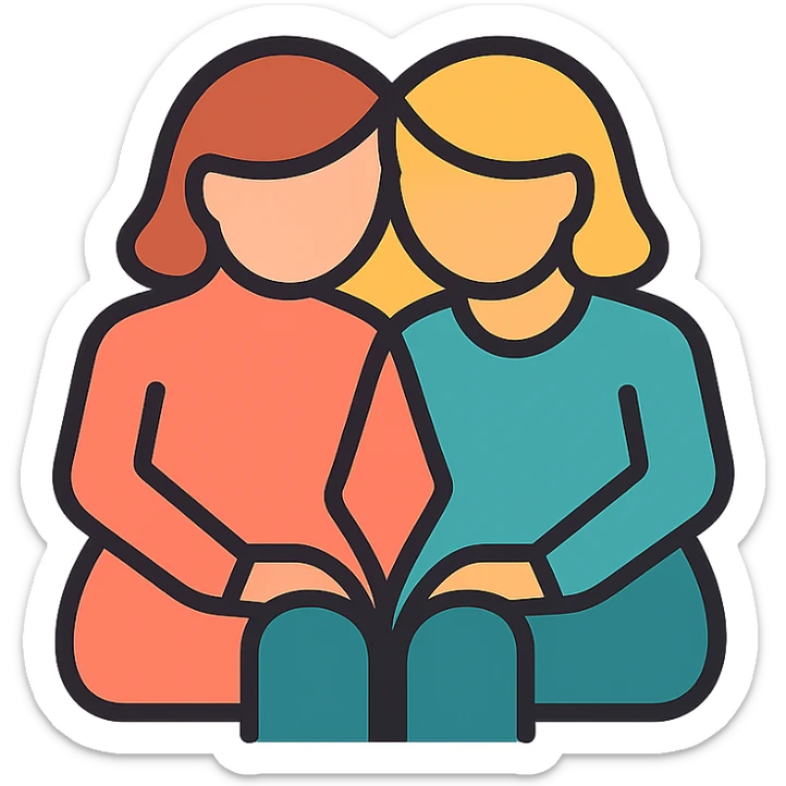 Add soft color accents to the icon of two women sitting together, heads touching, maintain minimal lines and transparent background. sticker