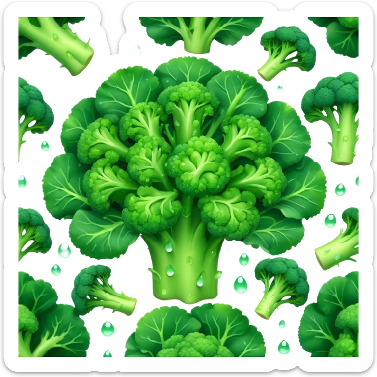 Cinematic lush green broccoli, detailed florets glistening with dewdrops, ultra-fresh and vibrant, soft glowing background, healthy and delicious. sticker