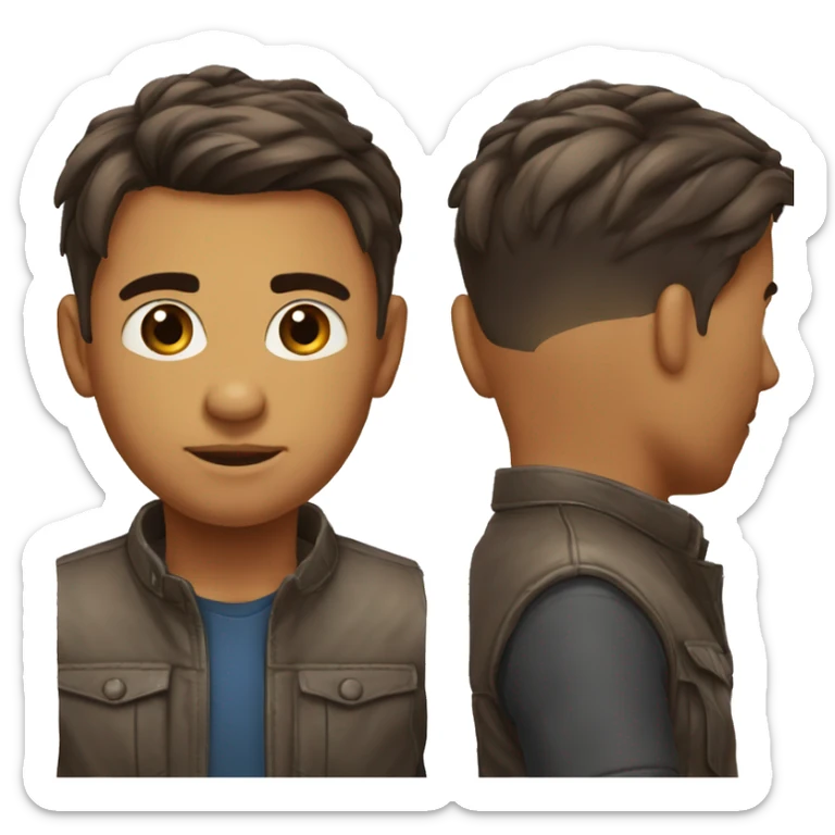 tete ronde, homme, cheveux et yeux maron, cheveux lisse court avec un degrader sticker