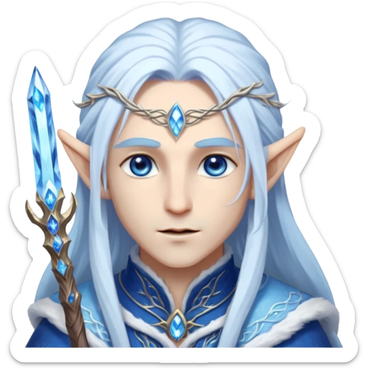 Legendary fantasy Christmas elf portrait icon, Santa Claus and Snow Maiden inspired, ancient winter spirit style, long flowing white-blue hair, glowing frost eyes, crystal staff, elegant elven features, divine winter magic aura, icy silver color palette, highly detailed but clean emoji icon male sticker