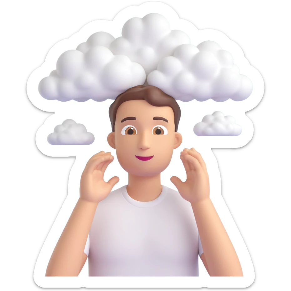 person with upper body up to shoulders entirely made of 3d emoji clouds, clouds form the shape of a person, cartoon illustration sticker