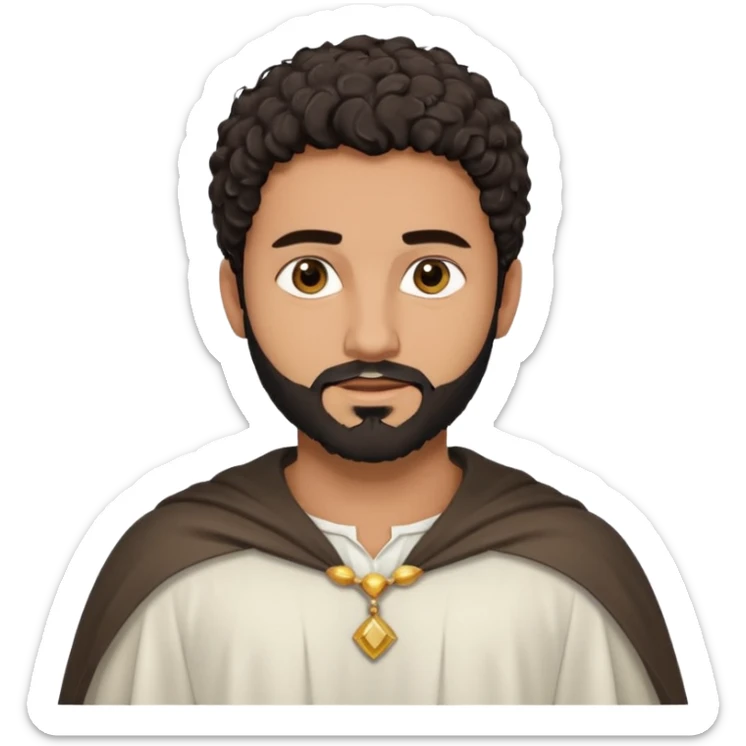 
-Apariencia: Joven de unos 25-30 años, atractivo,.
-Rostro: Ojos oscuros, piel ligeramente morena, rasgos árabes finos.
-Cabello: Negro, algo rizado o suelto, con barba fina.
Cuerpo entero Cuando es “Don Carlos”, viste como cristiano (camisa blanca, capa corta, colores sobrios). sticker