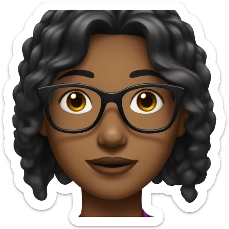 Girl with long wavey black hair and brown skin and brown eyes with black glasses trimmed in fuschia sticker