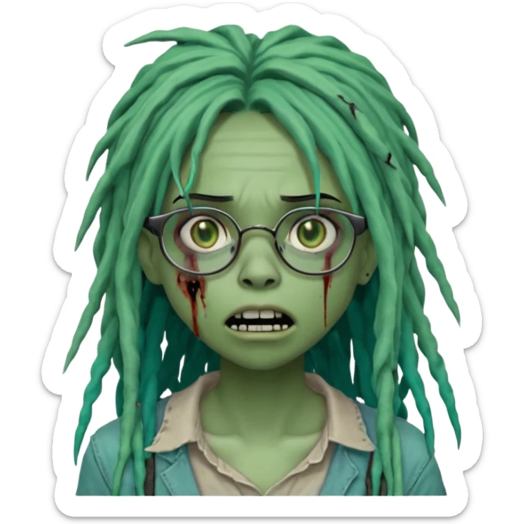 One young female green-skinned, zombie with glasses, with ombre black roots & teal tips long dreadlocks and a side bang of her locs that fall over the left eye and a worried expression like with the mouth open, teeth showing, and the jaw uneven. with a small wound near its mouth. sticker