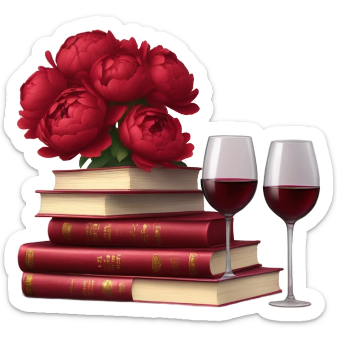 A crimson stack of books with deep red peonies and a glass of red wine sticker
