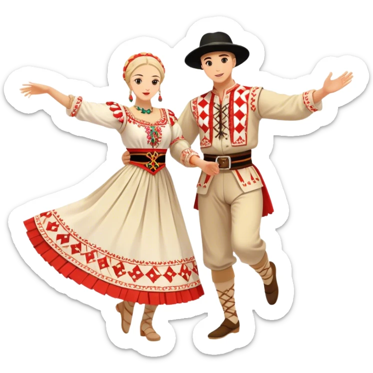 Cinematic Realistic scene of two performers engaging in the Croatian Linđo folk dance, adorned in vibrant traditional costumes with intricate patterns and accessories, captured in graceful, synchronized motion under festive natural lighting. sticker