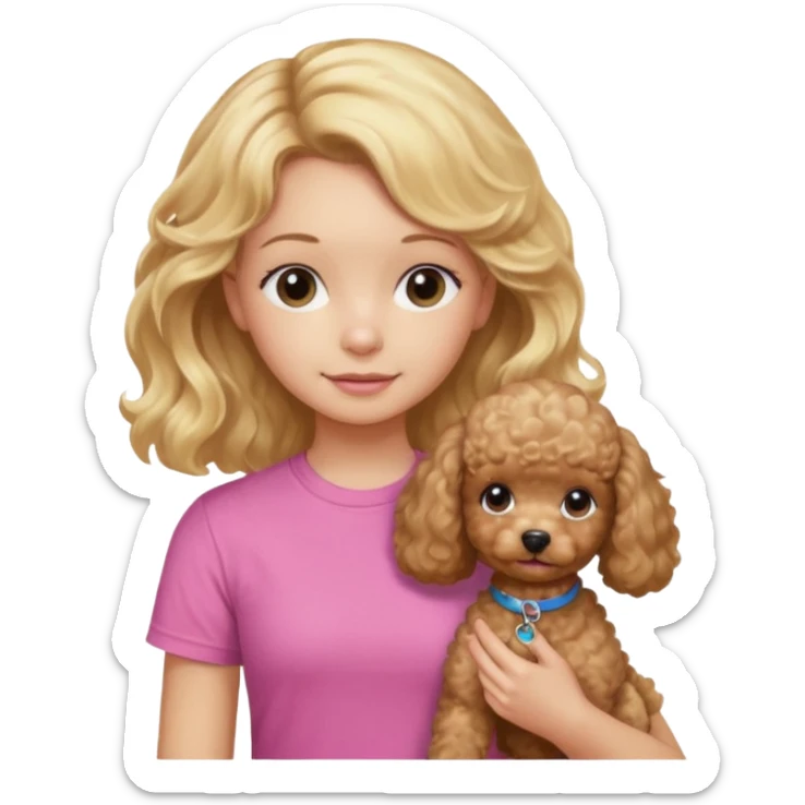 hazme un emoji que sea una niña rubi con el pelo ondulado i una camiseta rosa que ponga brownie, i acariciando a un perro (caniche toy) si pero con el pelo mas largo i no tan rubia sticker
