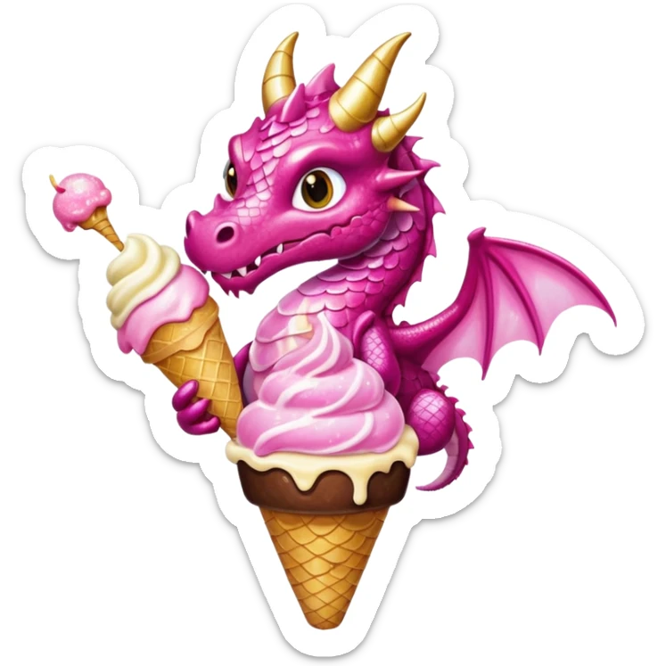 A dragon in pink tones with its wings, pink and golden legs, and shiny glitter, eats a vanilla and chocolate ice cream. sticker