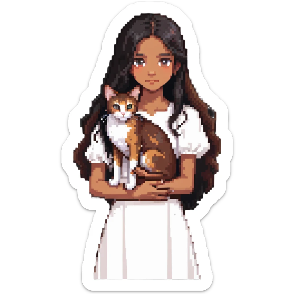 beautiful girl with long black hair wearing a white dress holding an Abyssinian cat with reddish-brown fur in her arms sticker