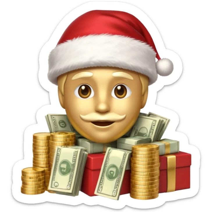 A confident rich emoji face wearing a Santa hat, money stacks, casino vibe, New Year theme, premium 3D emoji style, sharp details, no text, isolated on transparent background sticker