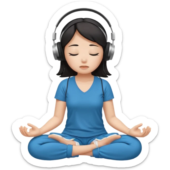 An East Asian woman is sitting cross-legged in a meditation pose, wearing Apple headphones and listening to music. The song is so beautiful that she has her eyes closed and tears streaming down her face. sticker