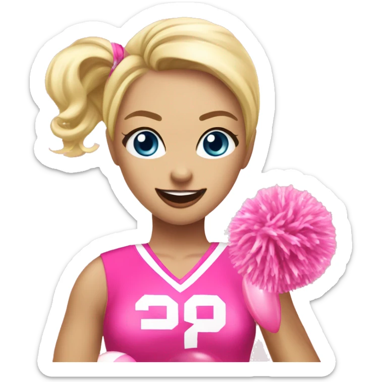 blonde cheerleader wearing pink uniform holding pink pompoms blowing pink bubble of gum sticker