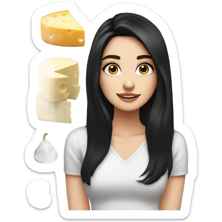 stunning blue eyed brunette girl with black hair surrounded by cheese sticker