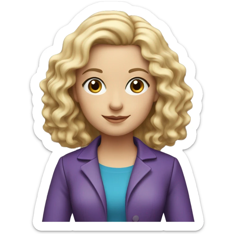 Woman teacher, blonde long curly hair,  blue eyes, purple jacket, with book sticker