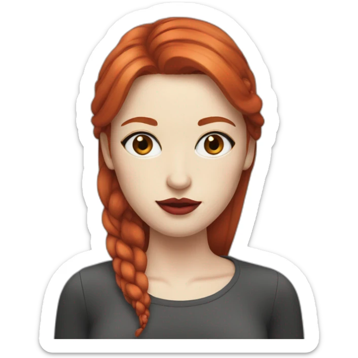 straight red hair,red lipstick,black eyes, white skin and a small nose sticker