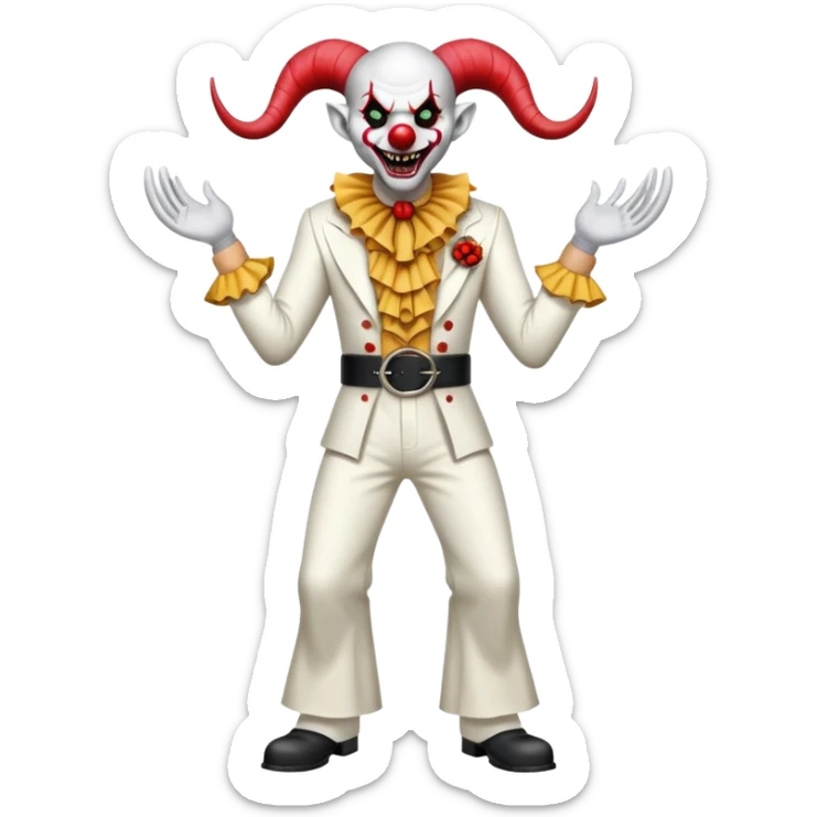 full-body demonic clown in a white leisure suit with bellbottom pants, bald, with black ram horns, flashy belt, ruffled shirt, no neck tie, large fangs in mouth sticker