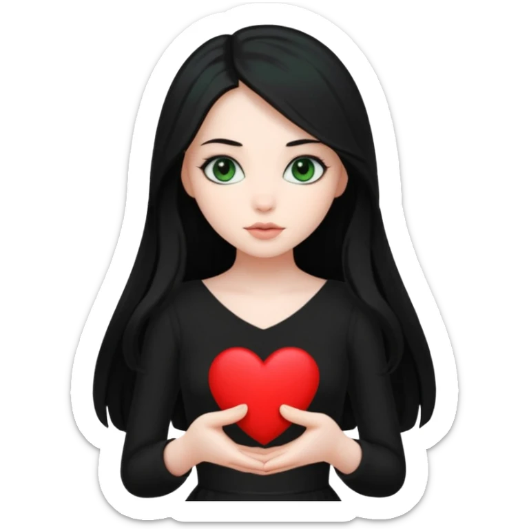 Pale girl with long black hair and dark green eyes wearing black dress and holding black heart sticker